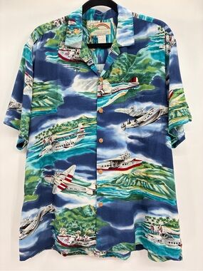 Paradise Found Men’s Vintage Hawaiian Button Up Sea Airplane Island Shirt Large